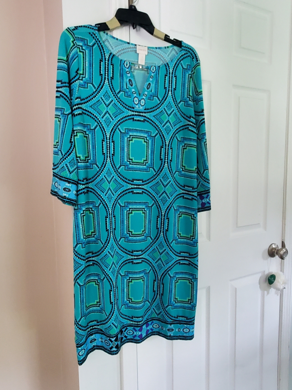 Chico's Turquoise Geometric Print Shift Dress, Polyester, Chicos Size 1
